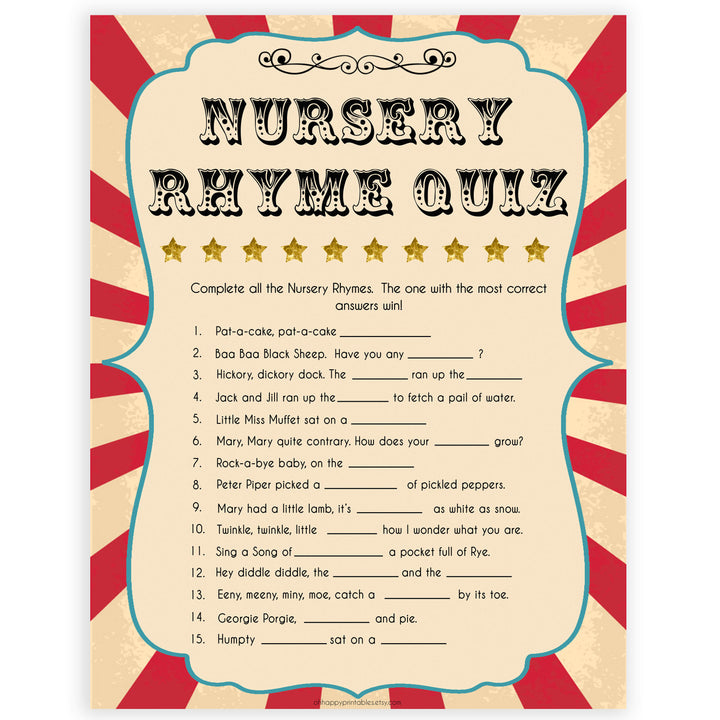 Circus baby nursery rhyme quiz baby shower games, circus baby games, carnival baby games, printable baby games, fun baby games, popular baby games, carnival baby shower, carnival theme