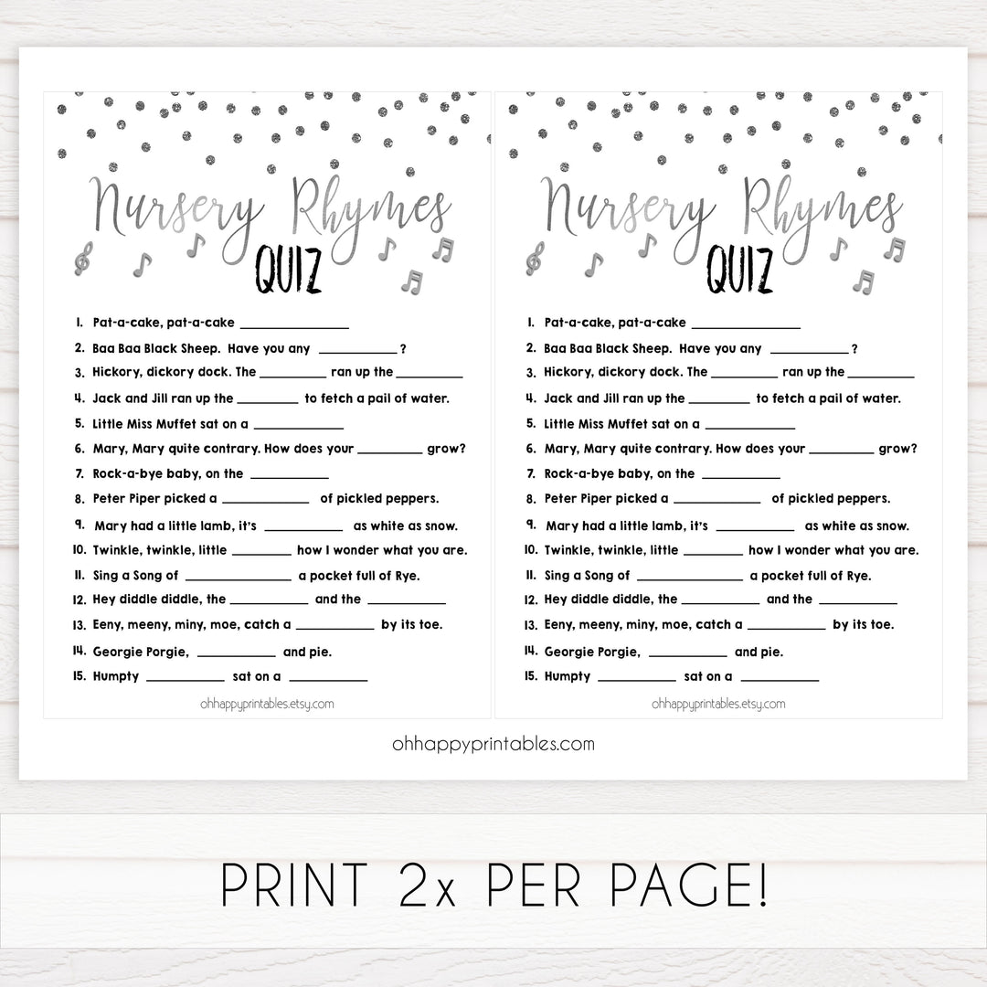 baby nursery rhyme quiz, Printable baby shower games, baby silver glitter fun baby games, baby shower games, fun baby shower ideas, top baby shower ideas, silver glitter shower baby shower, friends baby shower ideas