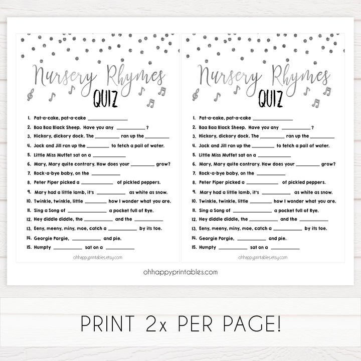baby nursery rhyme quiz, Printable baby shower games, baby silver glitter fun baby games, baby shower games, fun baby shower ideas, top baby shower ideas, silver glitter shower baby shower, friends baby shower ideas