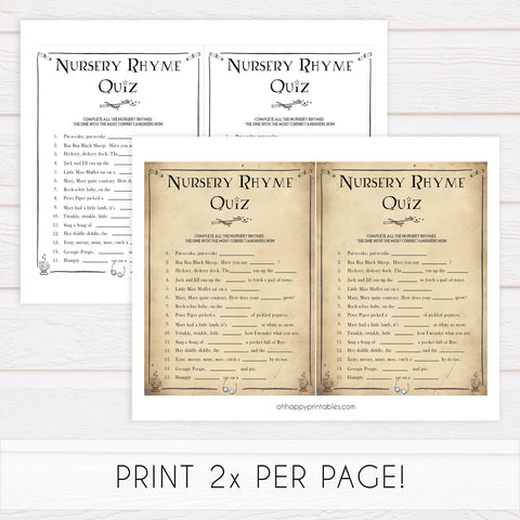 Nursery Rhyme Quiz Baby Game, Wizard baby shower games, printable baby shower games, Harry Potter baby games, Harry Potter baby shower, fun baby shower games,  fun baby ideas