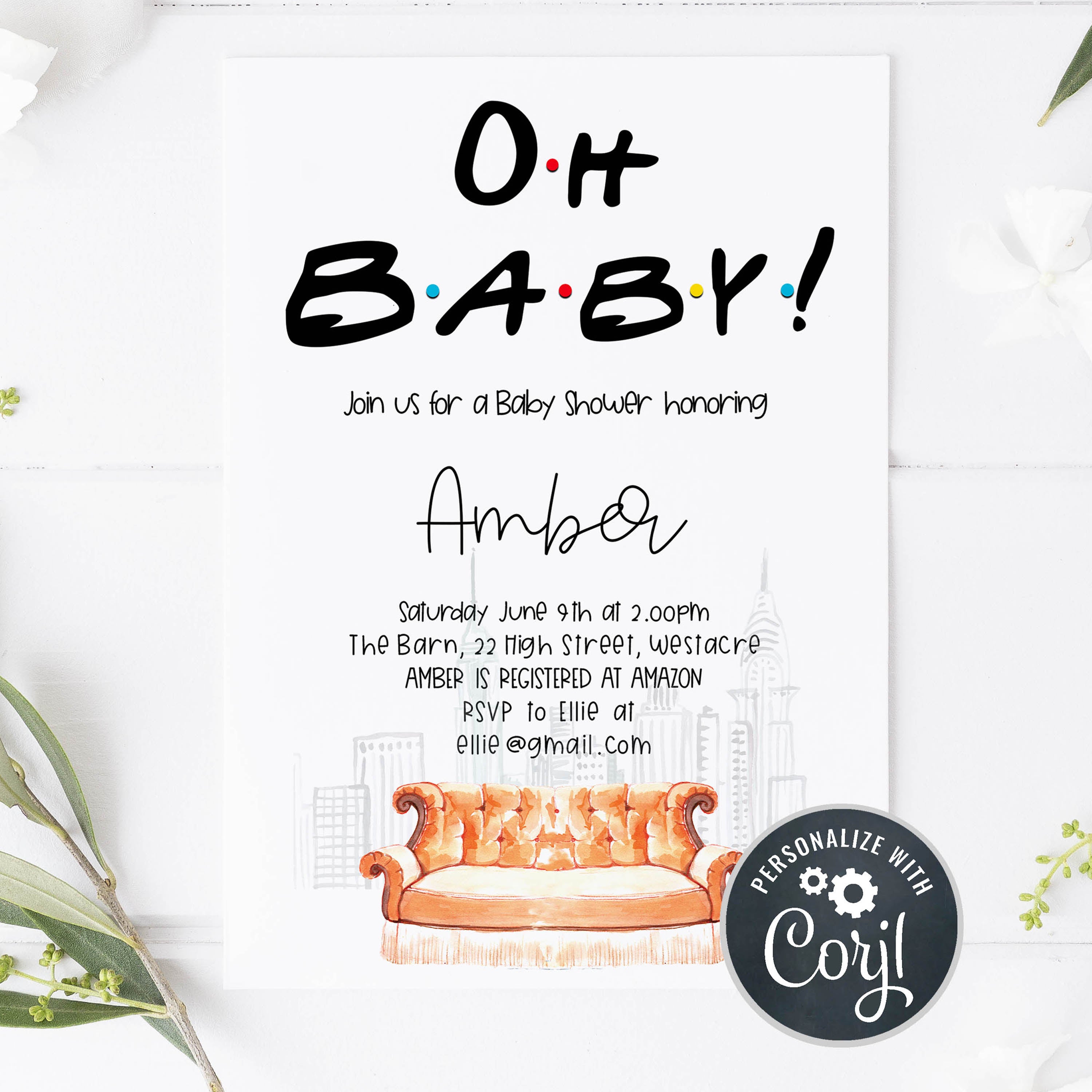 editable oh baby baby shower invitation, friends baby shower invitation, baby shower invitations, editable baby shower invite, friends baby shower theme, friends