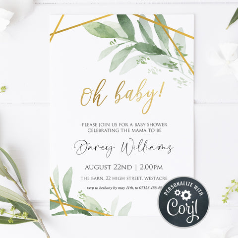 editable oh baby baby shower invitation, gold geometric baby shower invitations, editable baby shower invites, mobile baby shower invites, gold baby shower theme