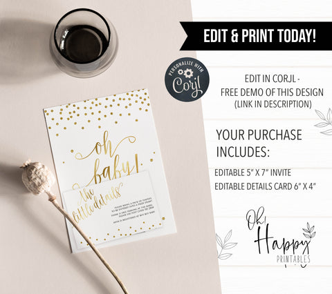 oh baby baby shower invite, gold glitter baby shower invitation, gold baby shower, editable baby shower invites, baby shower invites