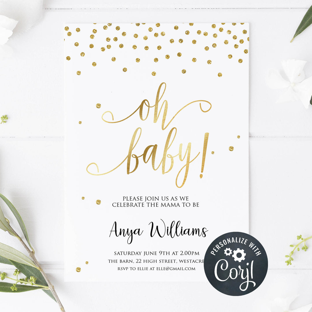 oh baby baby shower invite, gold glitter baby shower invitation, gold baby shower, editable baby shower invites, baby shower invites