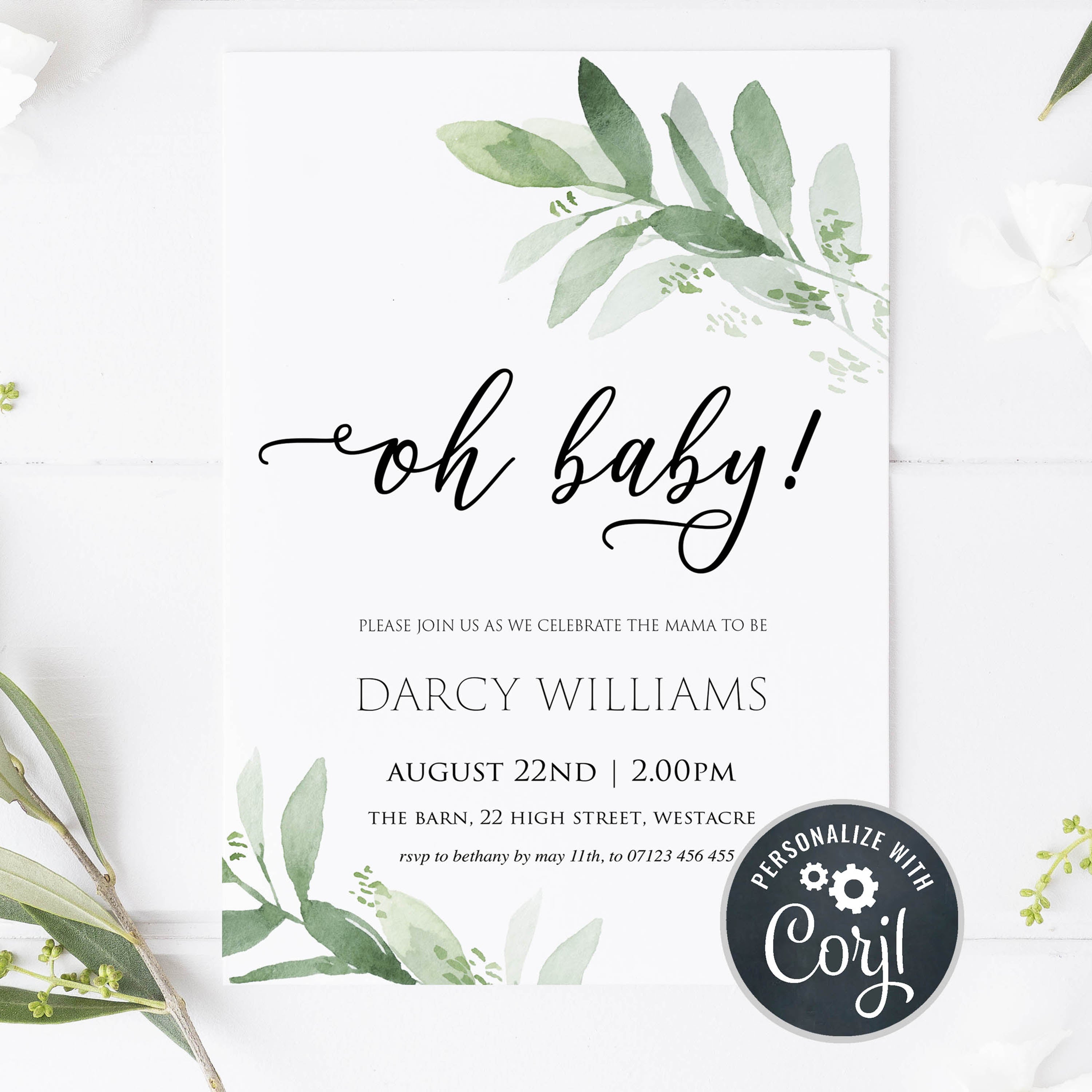 oh baby baby shower invite, editable baby shower invitations, botanical baby shower invitations, printable baby shower invitations, baby shower invite