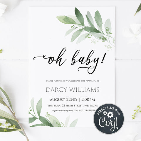 oh baby baby shower invite, editable baby shower invitations, botanical baby shower invitations, printable baby shower invitations, baby shower invite