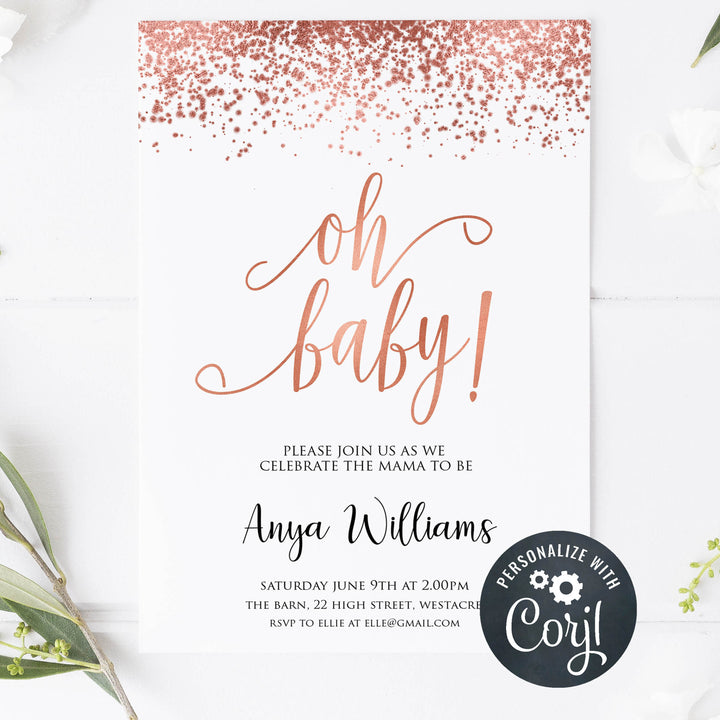 editable rose gold baby shower invitation, printable rose gold baby shower invitation, oh baby rose gold invitation, rose gold baby invites