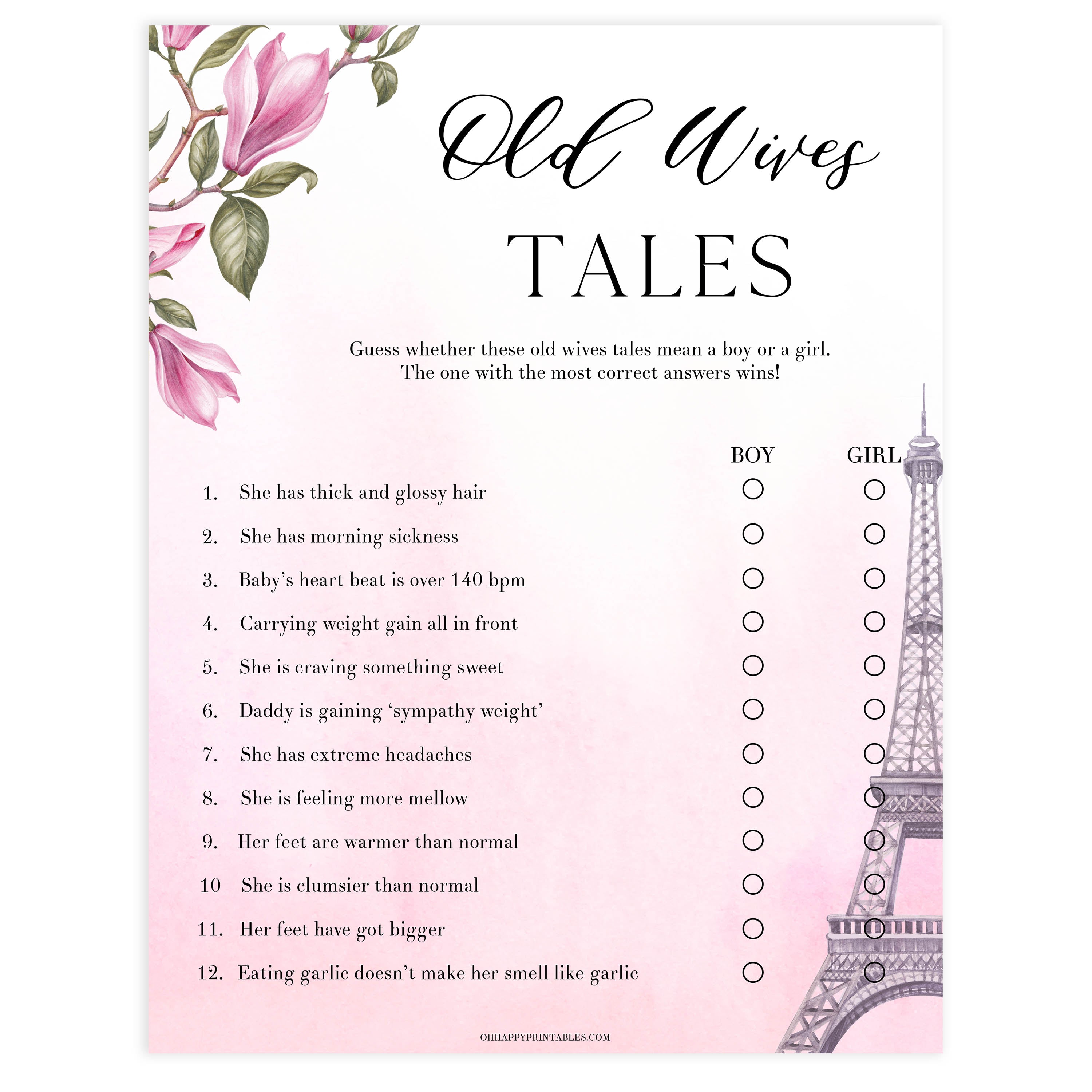 old wives tales baby game, Paris baby shower games, printable baby shower games, Parisian baby shower games, fun baby shower games