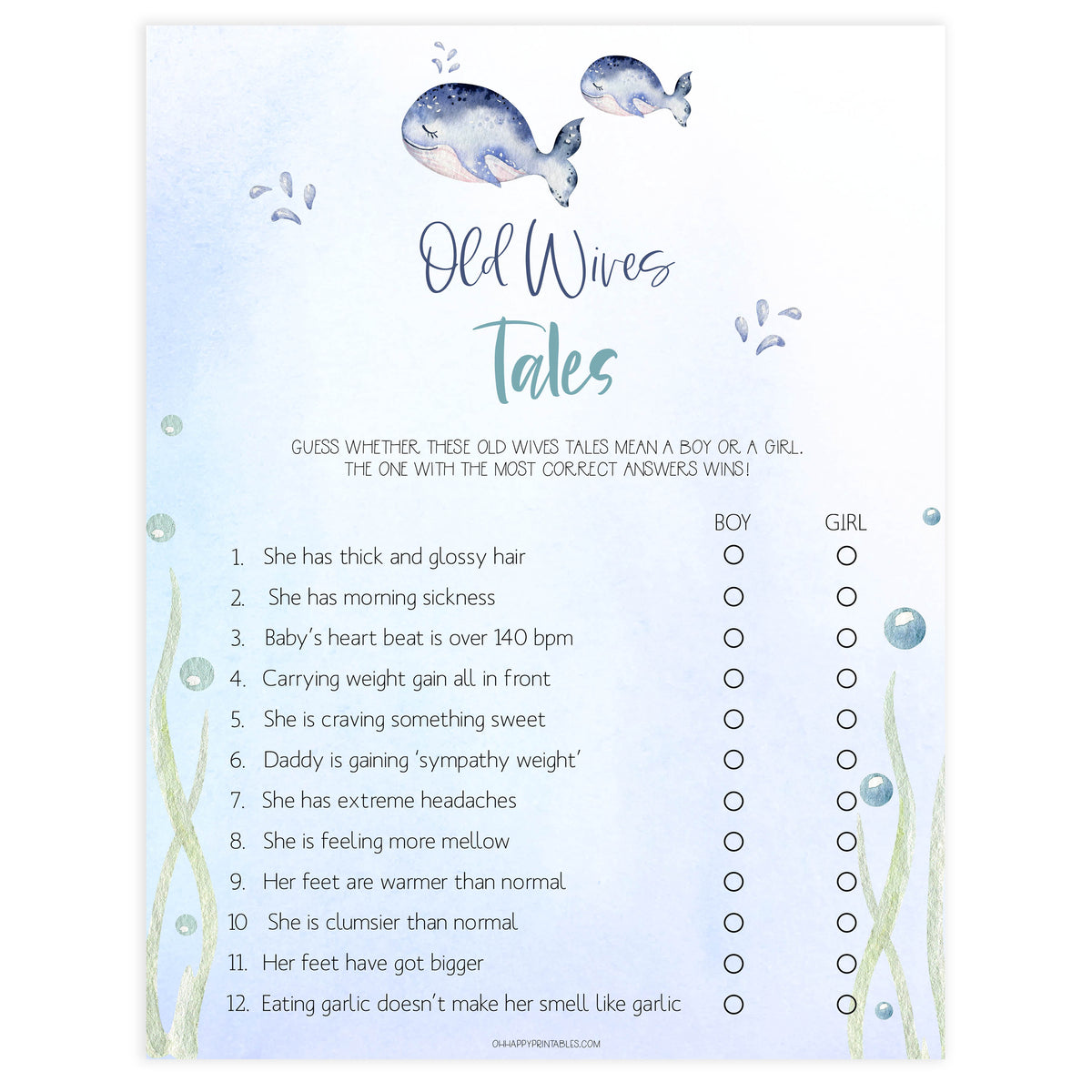 Old Wives Tales Game - Whale Printable Baby Shower Games – OhHappyPrintables