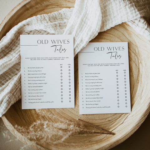 Printable baby shower game Old Wives Tales with a modern minimalist design