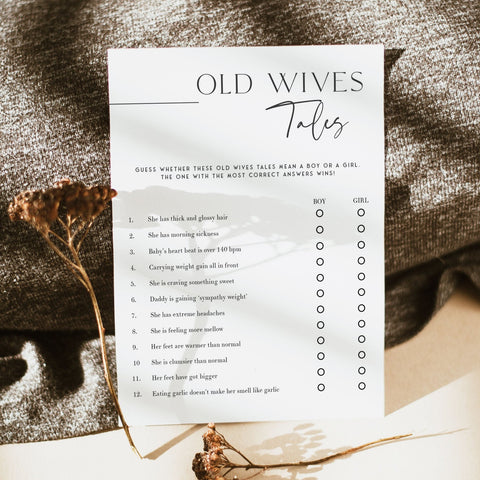 Printable baby shower game Old Wives Tales with a modern minimalist design
