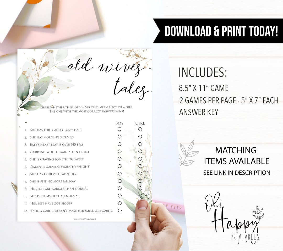 Gold green leaf baby games, old wives tales, printable baby games, fun baby games, top baby games to play, gold leaf baby shower, greenery baby shower ideas