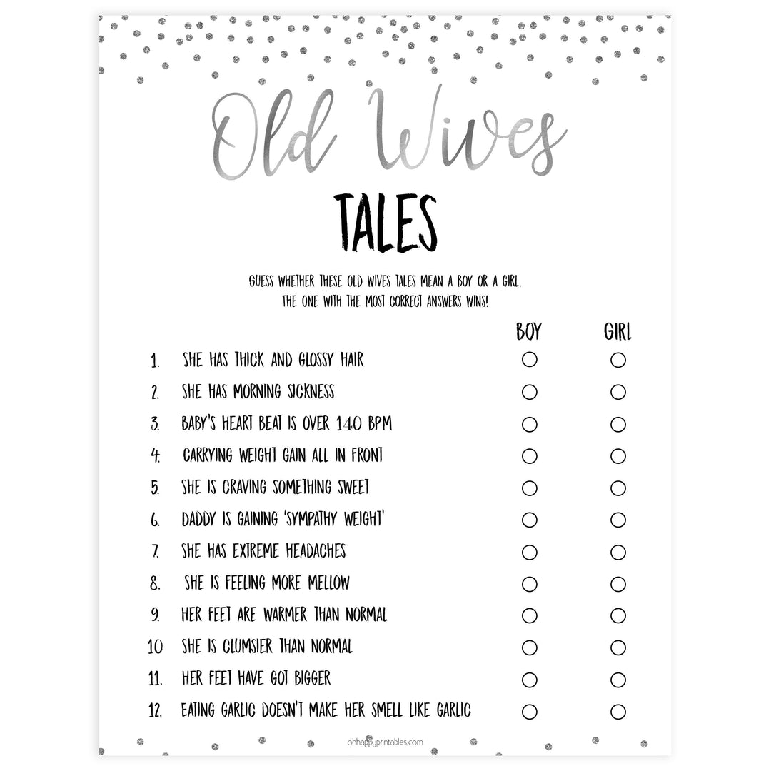 old wives tales game, baby wives tales, Printable baby shower games, baby silver glitter fun baby games, baby shower games, fun baby shower ideas, top baby shower ideas, silver glitter shower baby shower, friends baby shower ideas