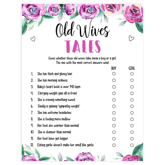 old wive tales baby shower games, printable baby shower games, purple peonies baby games, fun baby shower ideas