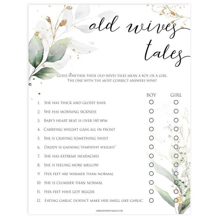 Gold green leaf baby games, old wives tales, printable baby games, fun baby games, top baby games to play, gold leaf baby shower, greenery baby shower ideas