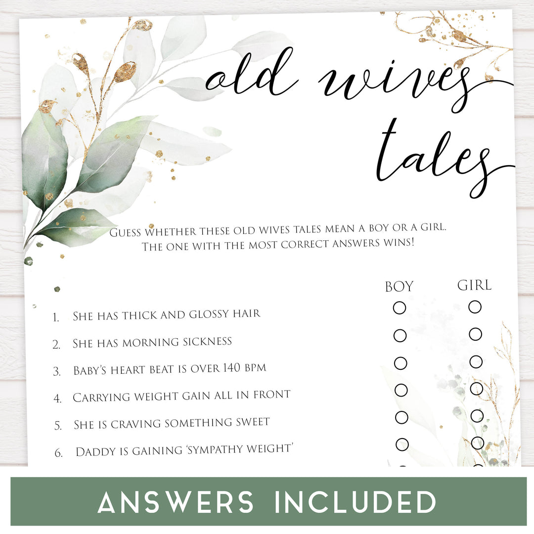 Gold green leaf baby games, old wives tales, printable baby games, fun baby games, top baby games to play, gold leaf baby shower, greenery baby shower ideas