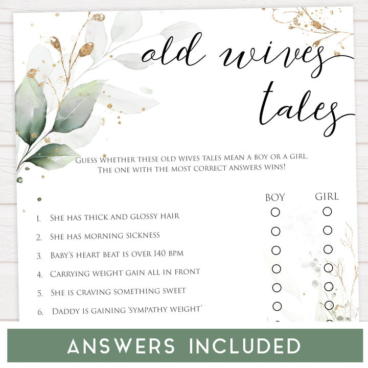 Gold green leaf baby games, old wives tales, printable baby games, fun baby games, top baby games to play, gold leaf baby shower, greenery baby shower ideas