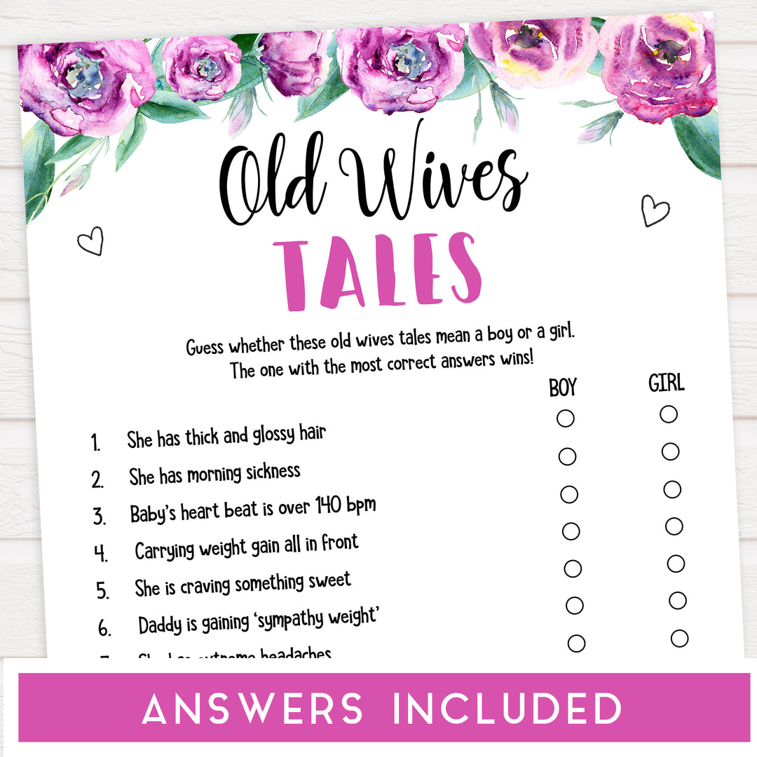 old wive tales baby shower games, printable baby shower games, purple peonies baby games, fun baby shower ideas
