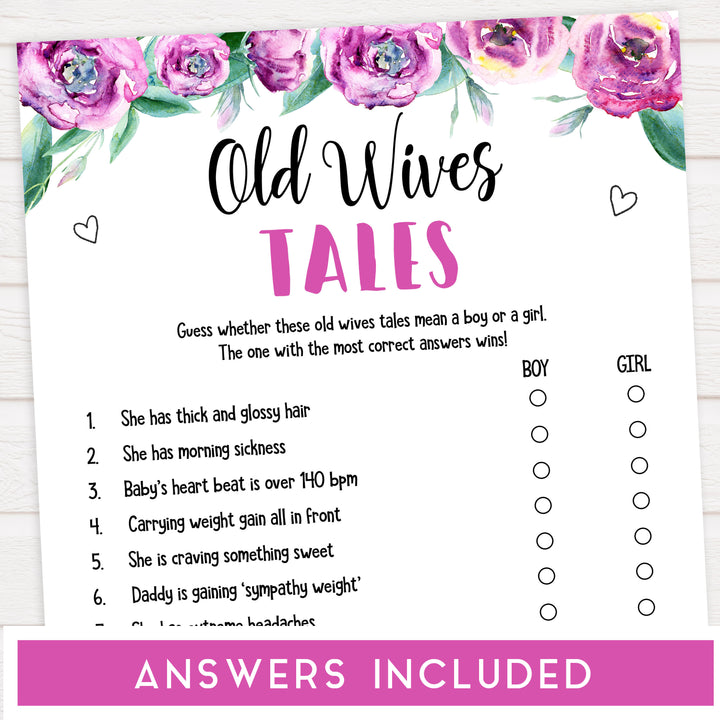 old wive tales baby shower games, printable baby shower games, purple peonies baby games, fun baby shower ideas