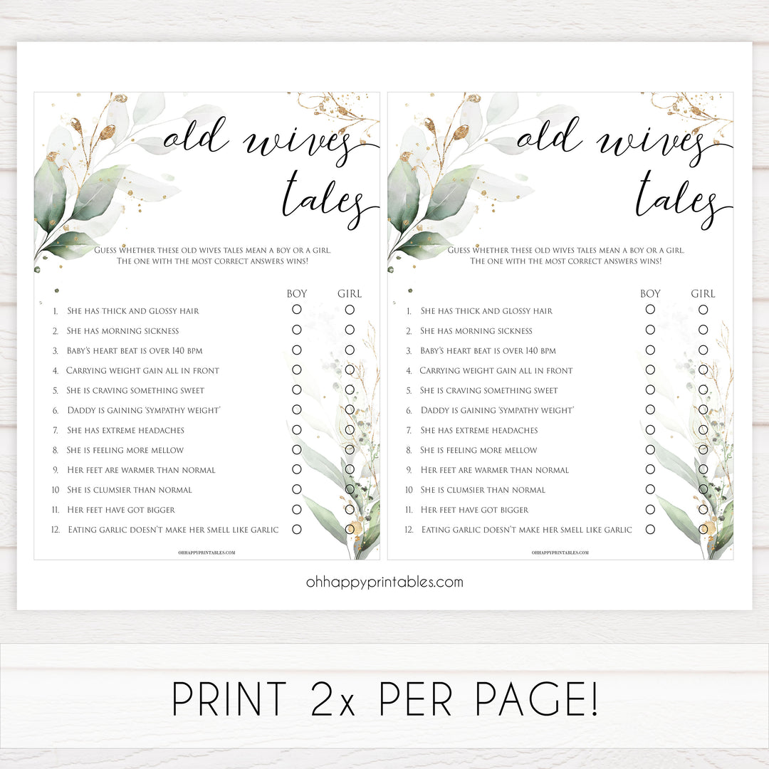 Gold green leaf baby games, old wives tales, printable baby games, fun baby games, top baby games to play, gold leaf baby shower, greenery baby shower ideas