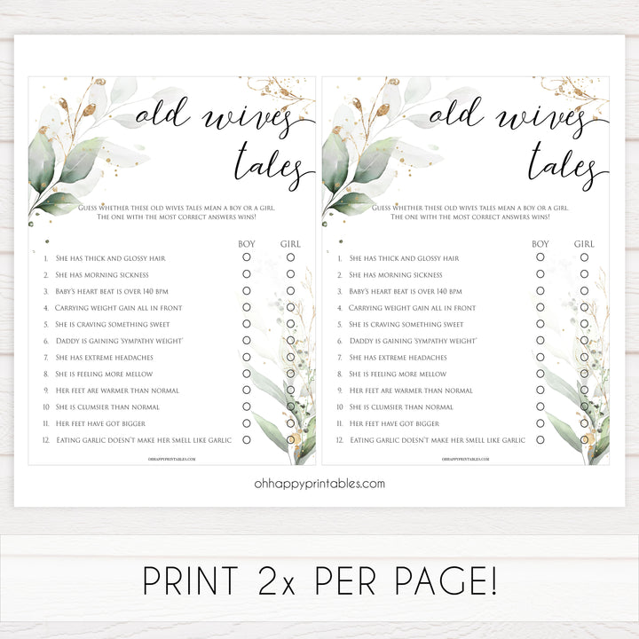 Gold green leaf baby games, old wives tales, printable baby games, fun baby games, top baby games to play, gold leaf baby shower, greenery baby shower ideas