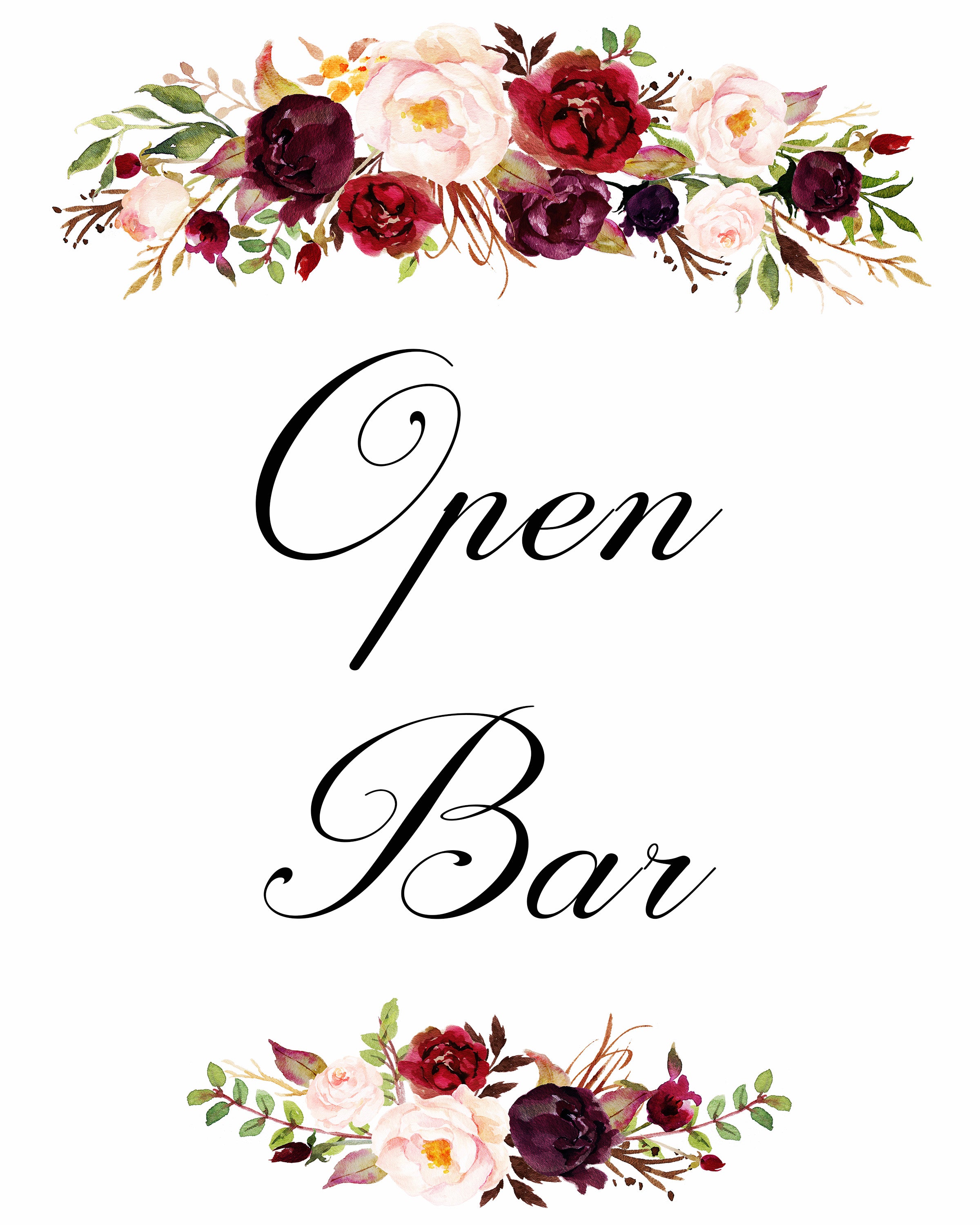 Open bar burgundy marsala wedding sign