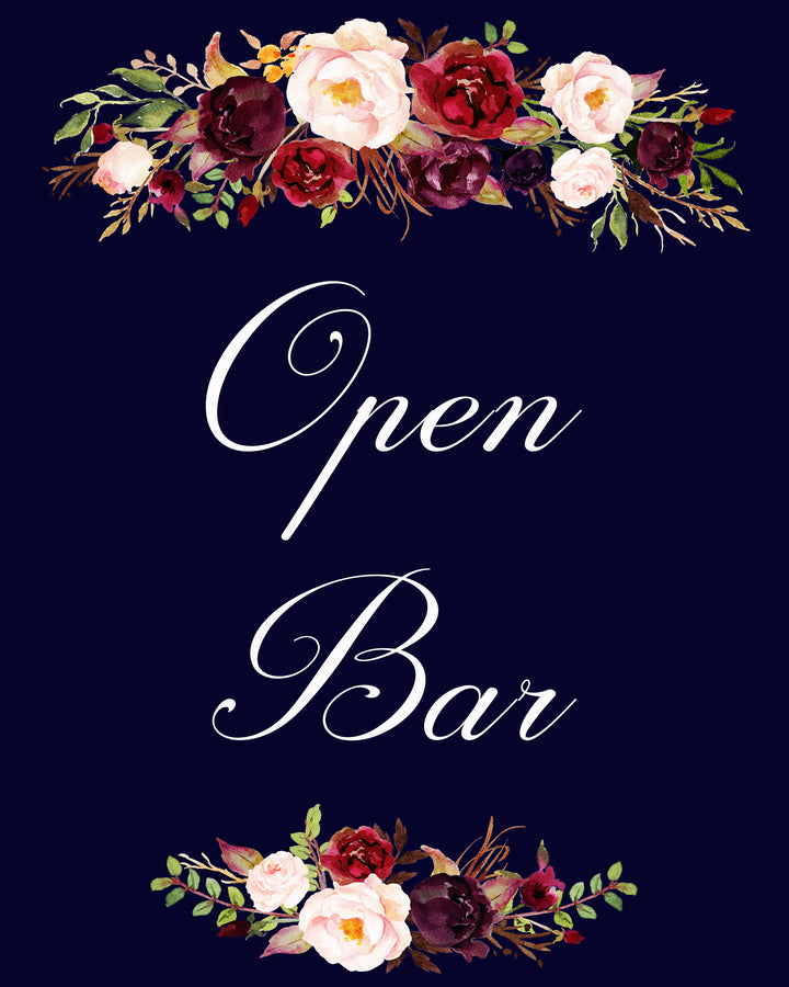 Open bar burgundy marsala wedding sign