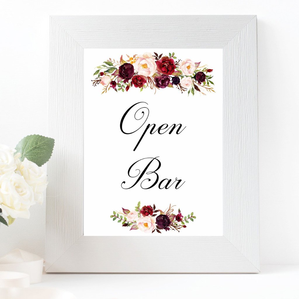Open bar burgundy marsala wedding sign printable