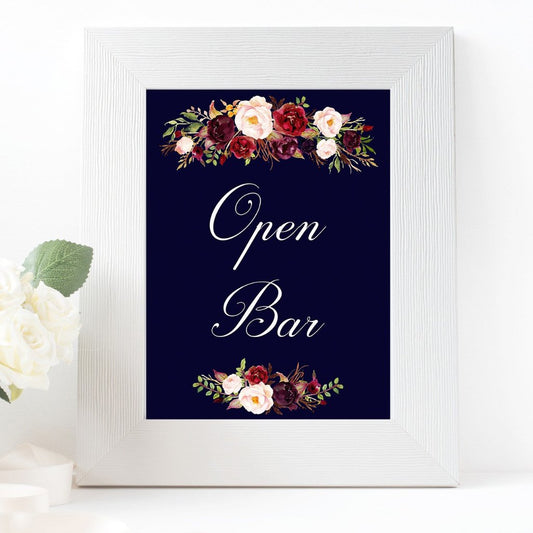 Open bar burgundy marsala dark blue wedding sign printable