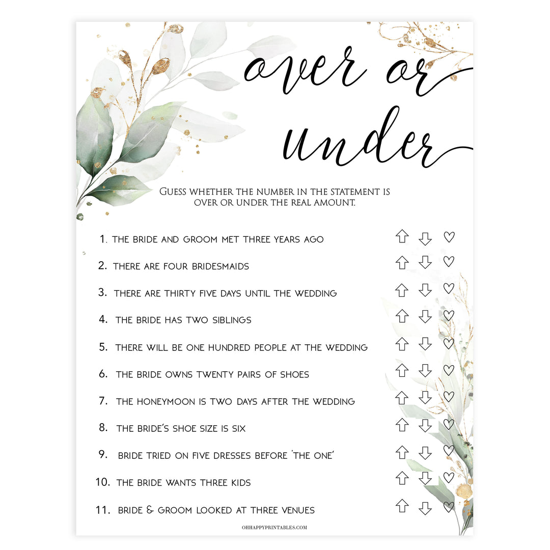 over or under game, Printable bridal shower games, greenery bridal shower, gold leaf bridal shower games, fun bridal shower games, bridal shower game ideas, greenery bridal shower