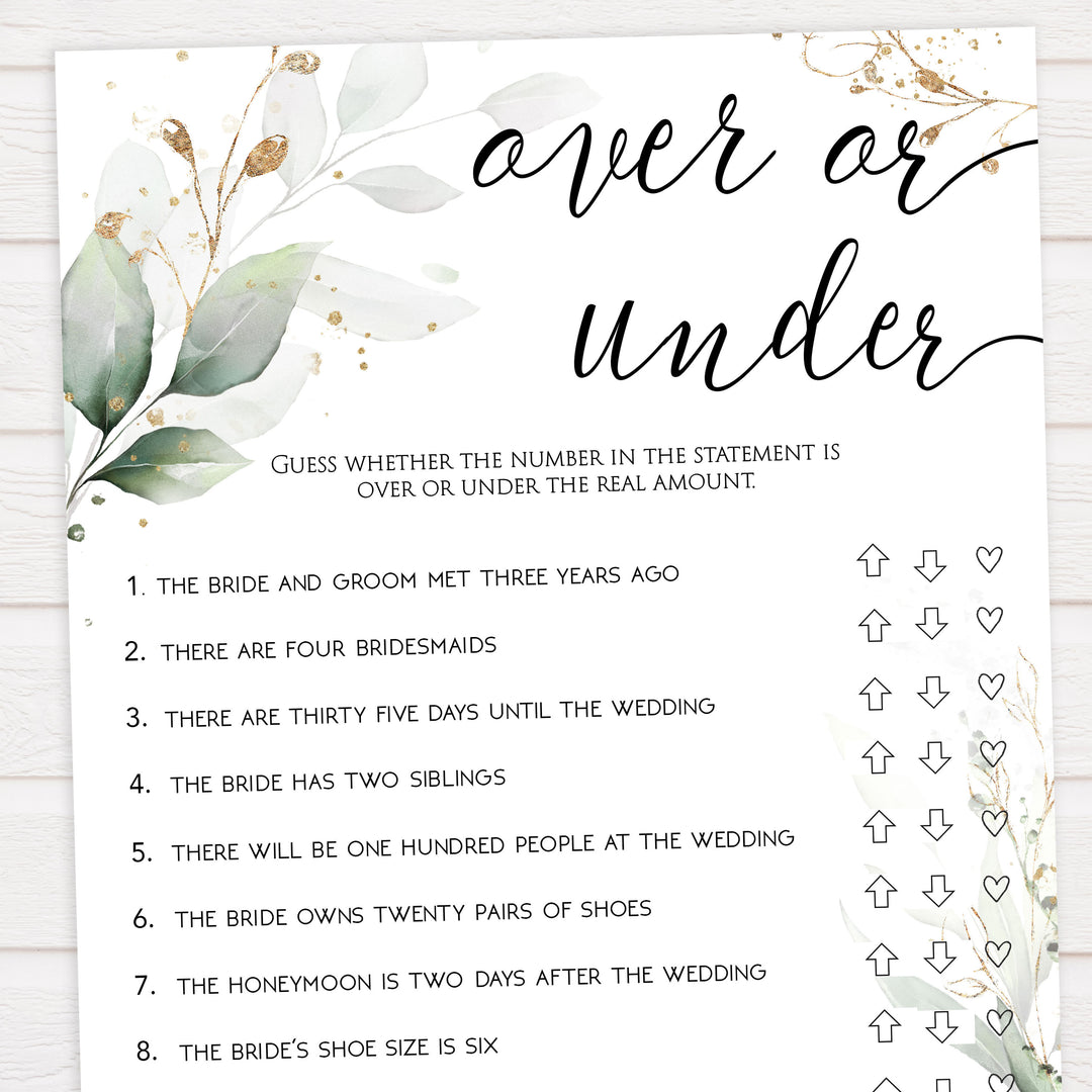 over or under game, Printable bridal shower games, greenery bridal shower, gold leaf bridal shower games, fun bridal shower games, bridal shower game ideas, greenery bridal shower