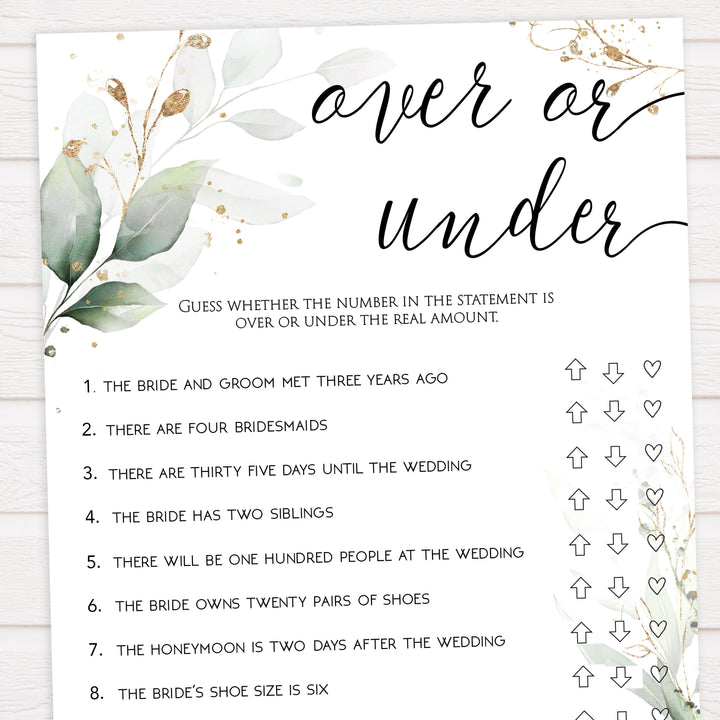 over or under game, Printable bridal shower games, greenery bridal shower, gold leaf bridal shower games, fun bridal shower games, bridal shower game ideas, greenery bridal shower
