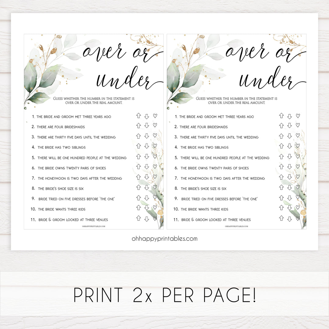 over or under game, Printable bridal shower games, greenery bridal shower, gold leaf bridal shower games, fun bridal shower games, bridal shower game ideas, greenery bridal shower