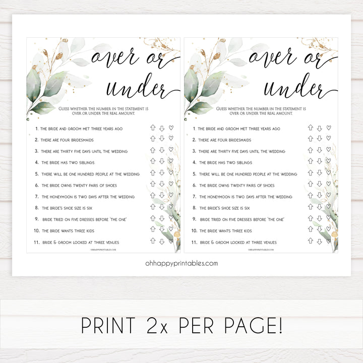 over or under game, Printable bridal shower games, greenery bridal shower, gold leaf bridal shower games, fun bridal shower games, bridal shower game ideas, greenery bridal shower