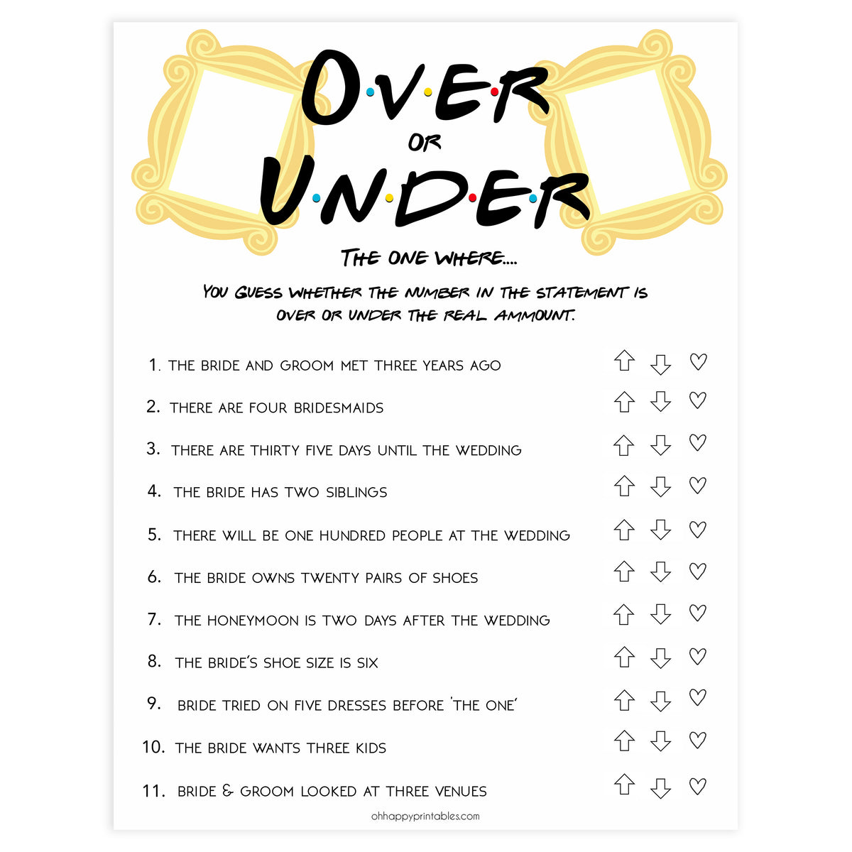 over or under game, editable bridal games, Printable bridal shower games, friends bridal shower, friends bridal shower games, fun bridal shower games, bridal shower game ideas, friends bridal shower