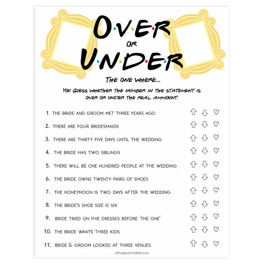over or under game, editable bridal games, Printable bridal shower games, friends bridal shower, friends bridal shower games, fun bridal shower games, bridal shower game ideas, friends bridal shower