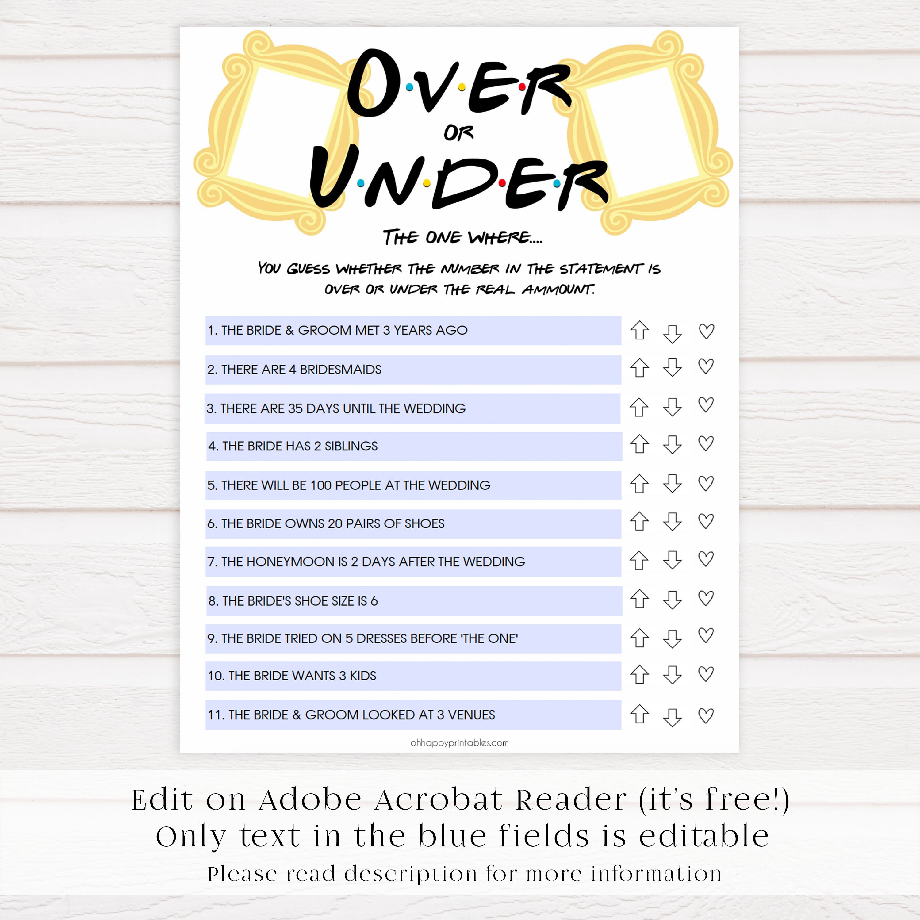Printable Bridal Shower Game Over Under