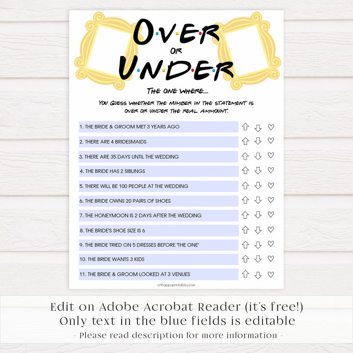 over or under game, editable bridal games, Printable bridal shower games, friends bridal shower, friends bridal shower games, fun bridal shower games, bridal shower game ideas, friends bridal shower