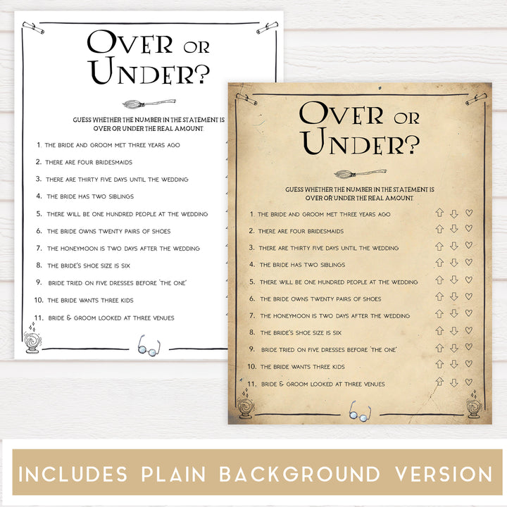 over or under game, Printable bridal shower games, Harry potter bridal shower, Harry Potter bridal shower games, fun bridal shower games, bridal shower game ideas, Harry Potter bridal shower