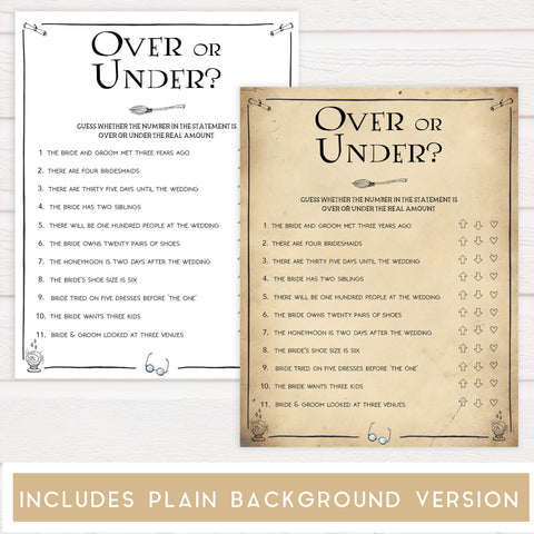 over or under game, Printable bridal shower games, Harry potter bridal shower, Harry Potter bridal shower games, fun bridal shower games, bridal shower game ideas, Harry Potter bridal shower