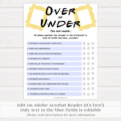over or under game, editable bridal games, Printable bridal shower games, friends bridal shower, friends bridal shower games, fun bridal shower games, bridal shower game ideas, friends bridal shower