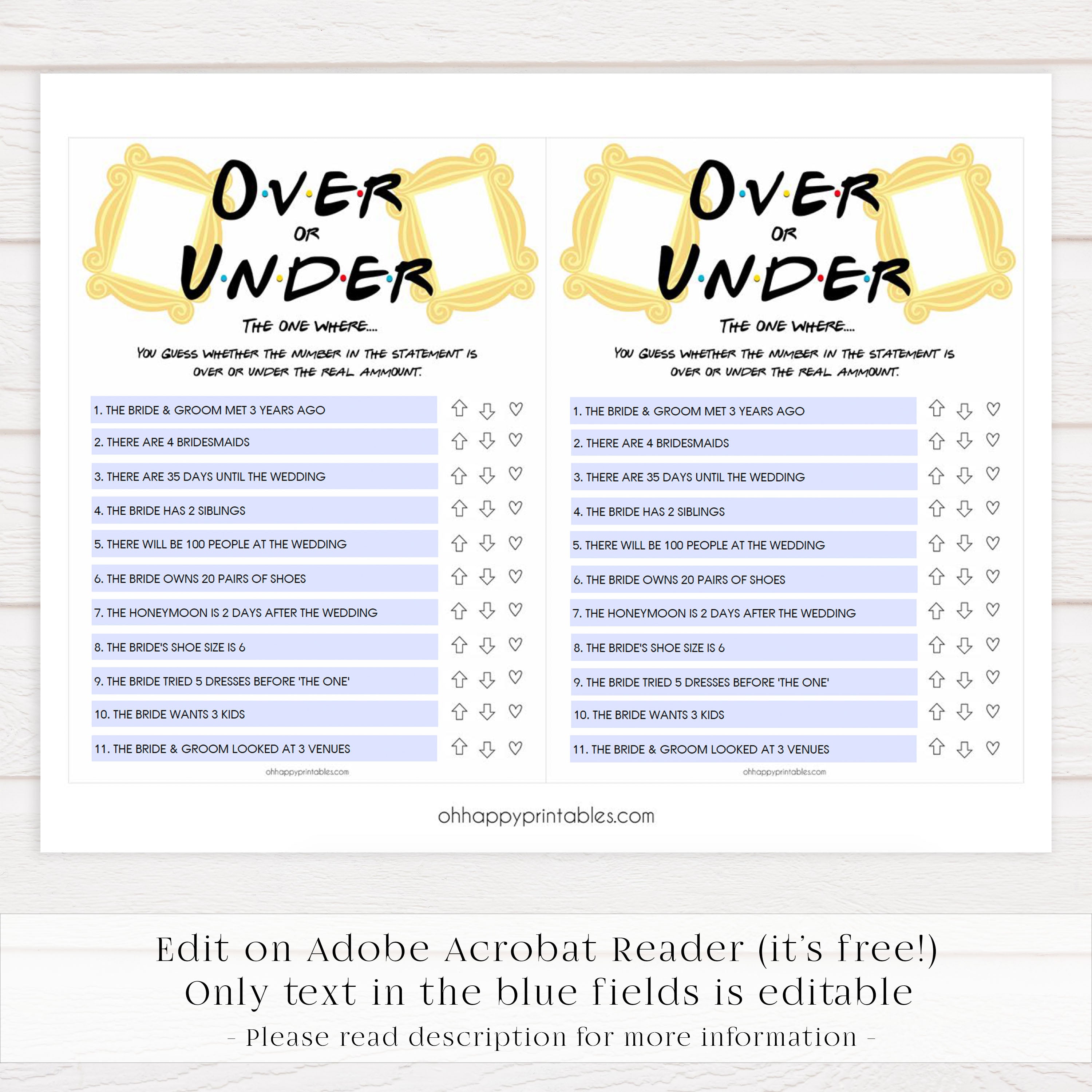 over or under game, editable bridal games, Printable bridal shower games, friends bridal shower, friends bridal shower games, fun bridal shower games, bridal shower game ideas, friends bridal shower