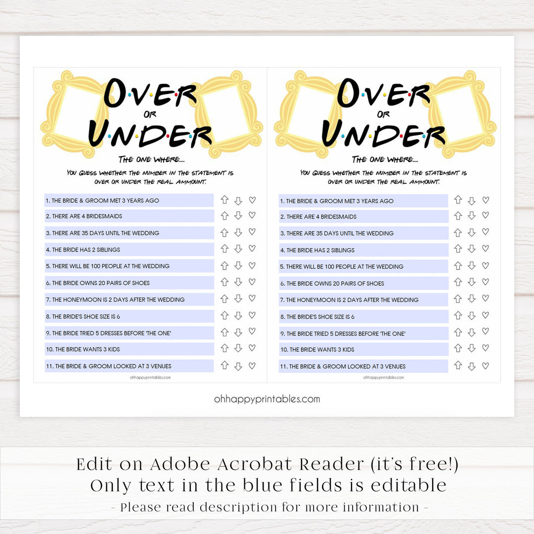 over or under game, editable bridal games, Printable bridal shower games, friends bridal shower, friends bridal shower games, fun bridal shower games, bridal shower game ideas, friends bridal shower