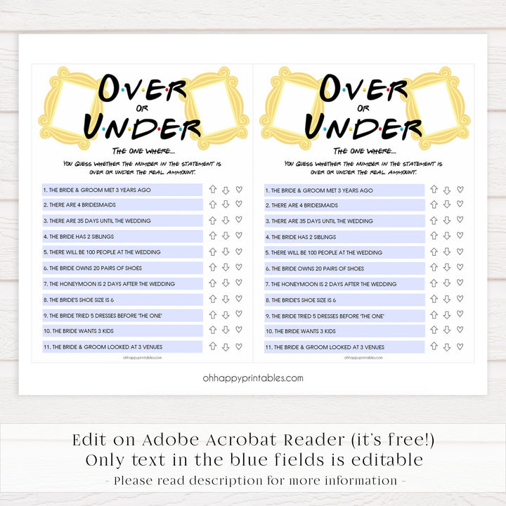 over or under game, editable bridal games, Printable bridal shower games, friends bridal shower, friends bridal shower games, fun bridal shower games, bridal shower game ideas, friends bridal shower