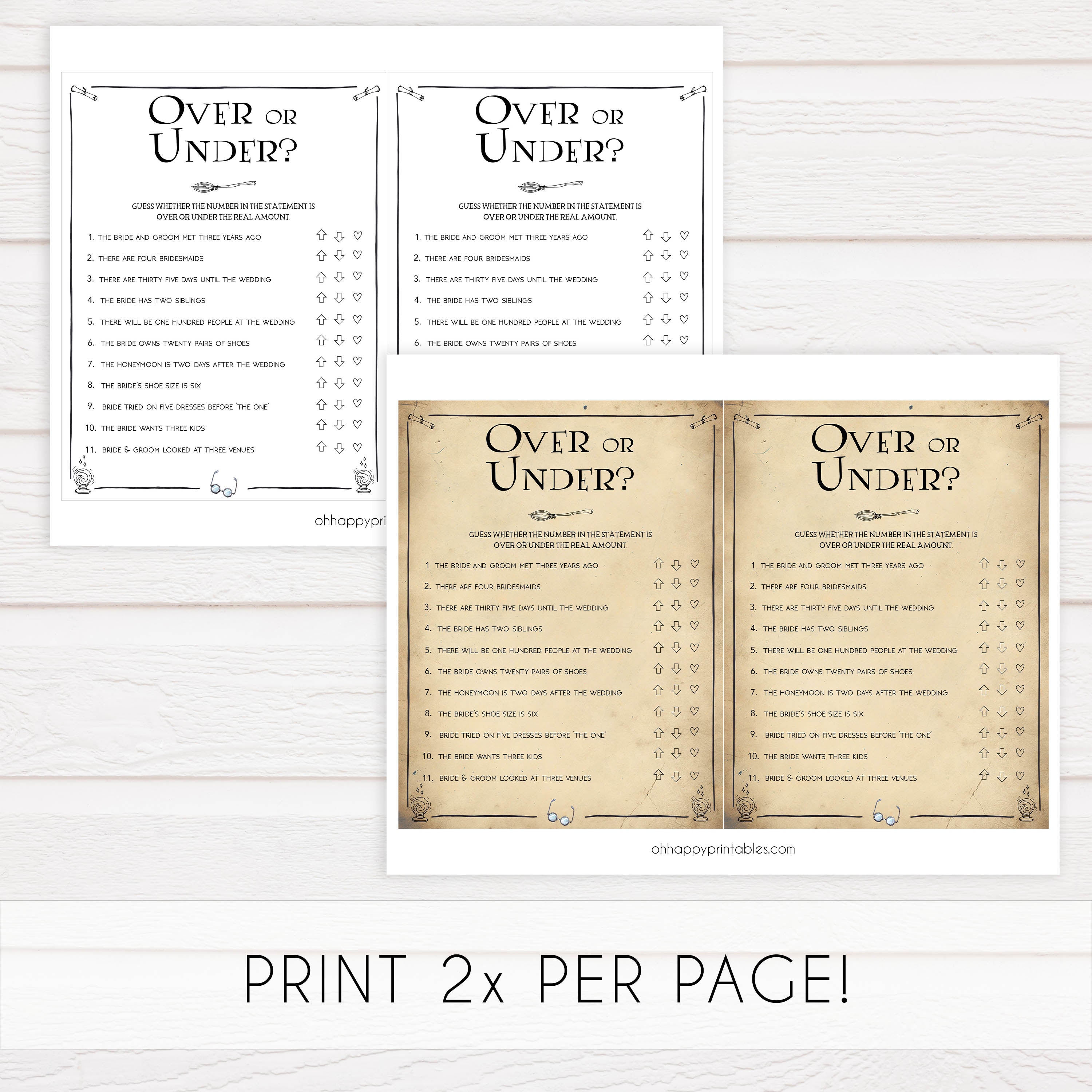 over or under game, Printable bridal shower games, Harry potter bridal shower, Harry Potter bridal shower games, fun bridal shower games, bridal shower game ideas, Harry Potter bridal shower