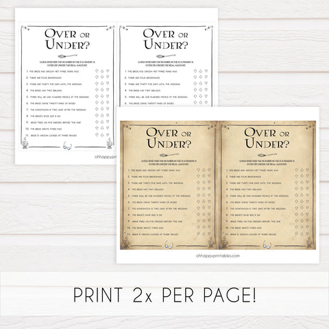 over or under game, Printable bridal shower games, Harry potter bridal shower, Harry Potter bridal shower games, fun bridal shower games, bridal shower game ideas, Harry Potter bridal shower
