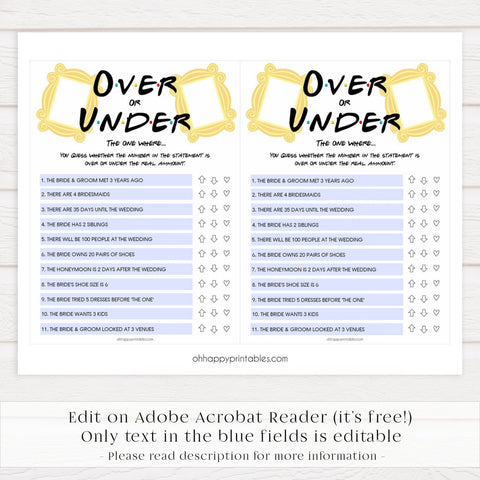 over or under game, editable bridal games, Printable bridal shower games, friends bridal shower, friends bridal shower games, fun bridal shower games, bridal shower game ideas, friends bridal shower