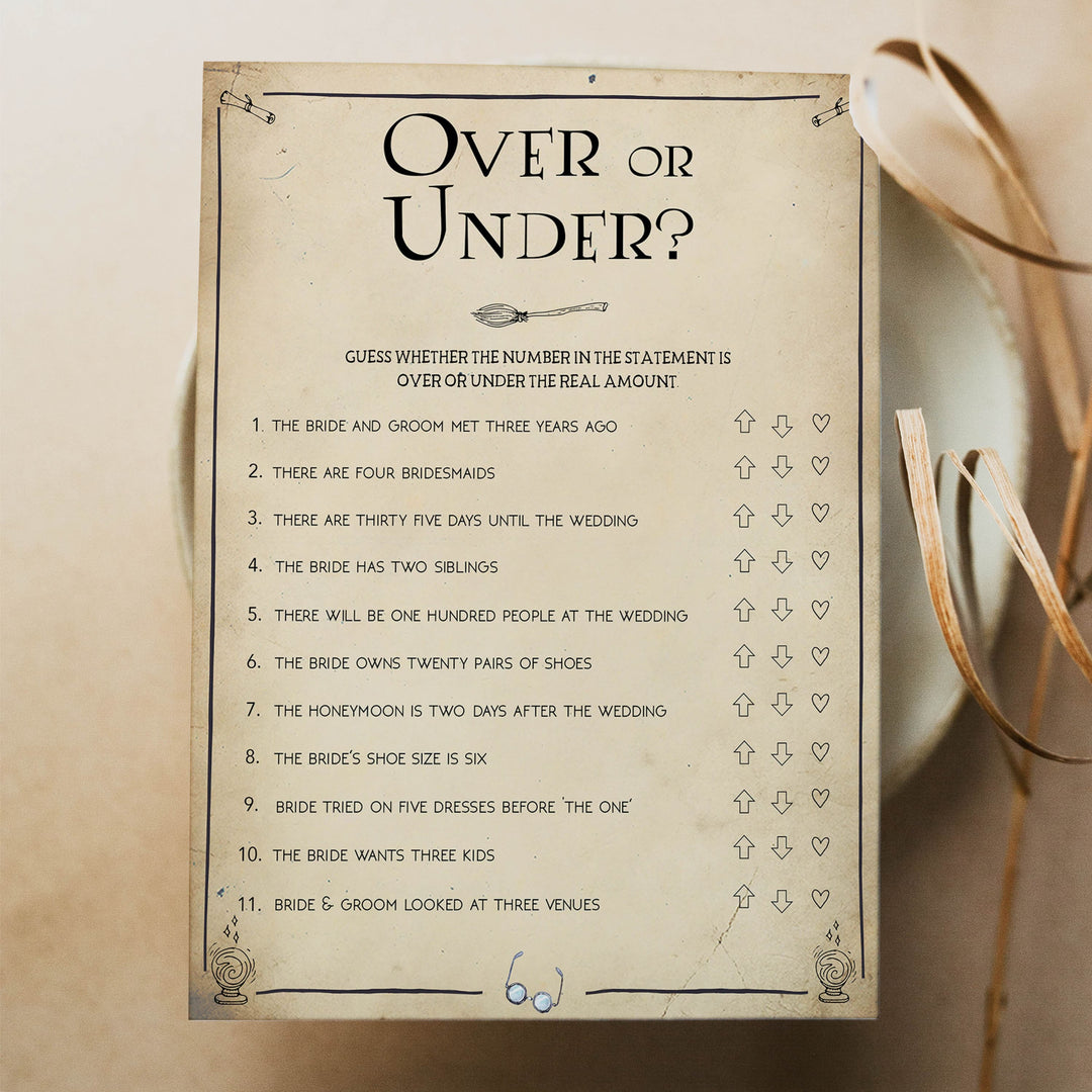 over or under game, Printable bridal shower games, Harry potter bridal shower, Harry Potter bridal shower games, fun bridal shower games, bridal shower game ideas, Harry Potter bridal shower