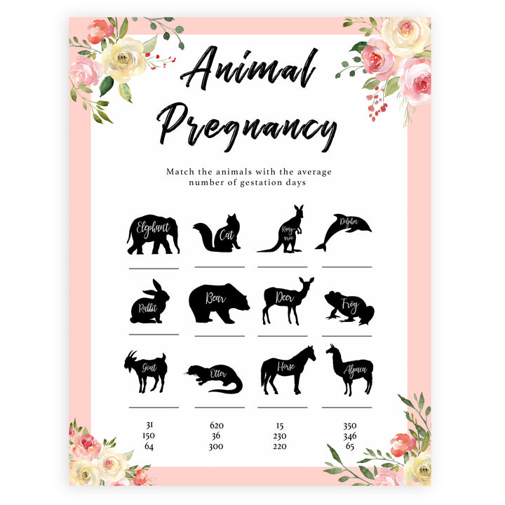 spring floral animal pregnancy baby shower games, printable baby shower games, fun baby shower games, baby shower games, popular baby shower games