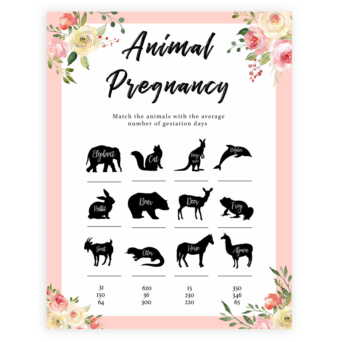spring floral animal pregnancy baby shower games, printable baby shower games, fun baby shower games, baby shower games, popular baby shower games